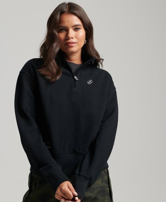 kadınlar Superdry siyah essential logolu yarım fermuarlı sweatshirt NNTB5840
