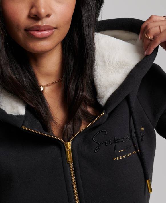kadınlar Superdry siyah lüks logo işlemeli fermuarlı kapüşonlu svetşört NNTB6100