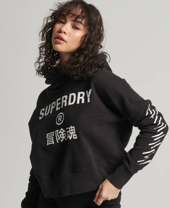 kadınlar Superdry siyah spor kırpma kutusu kapşonlu NNTB3493
