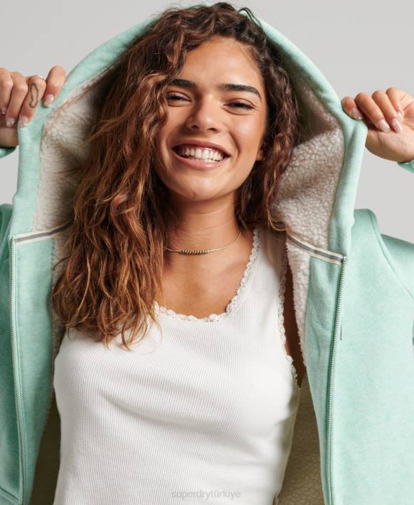 kadınlar Superdry yeşil essential borg astarlı fermuarlı kapşonlu NNTB5757