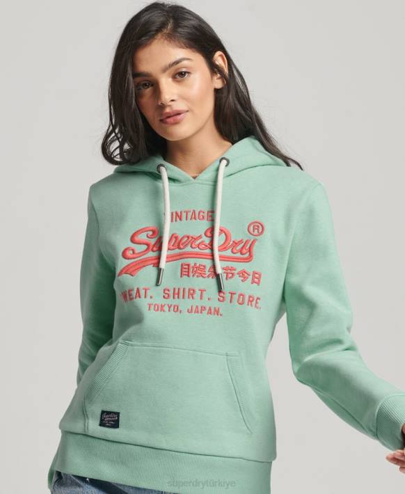 kadınlar Superdry yeşil neon vintage logosu kapşonlu NNTB3334