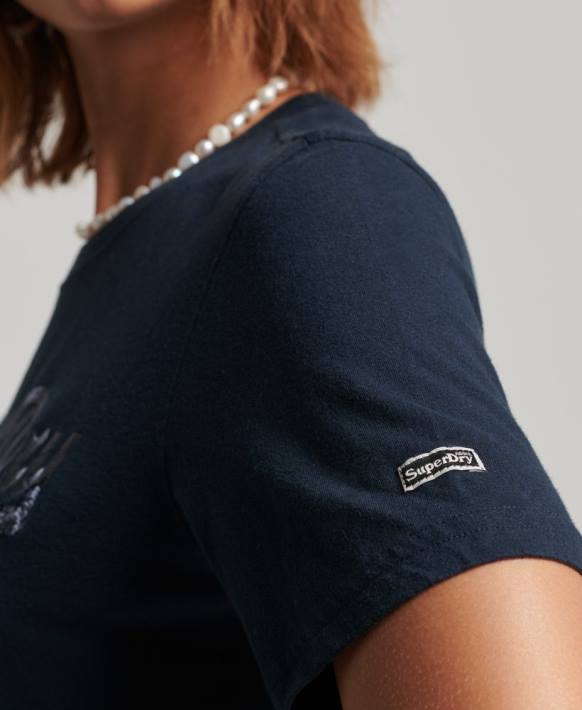 kadınlar Superdry Donanma işlemeli grafik logolu tişört NNTB6203