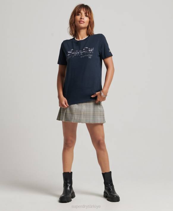 kadınlar Superdry Donanma işlemeli grafik logolu tişört NNTB6203