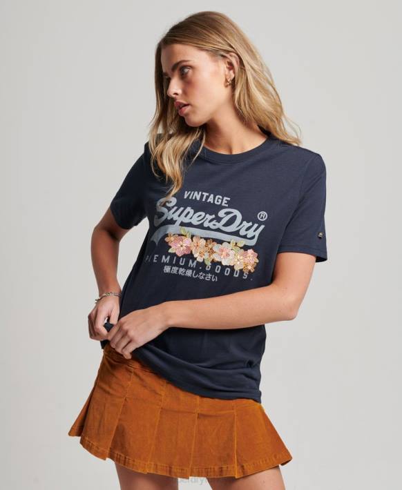 kadınlar Superdry Donanma vintage logo premium çiçekli t-shirt NNTB2714