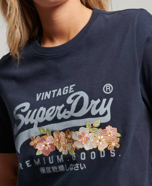 kadınlar Superdry Donanma vintage logo premium çiçekli t-shirt NNTB2714