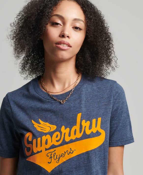 kadınlar Superdry Donanma vintage script tarzı kolej tişörtü NNTB6283