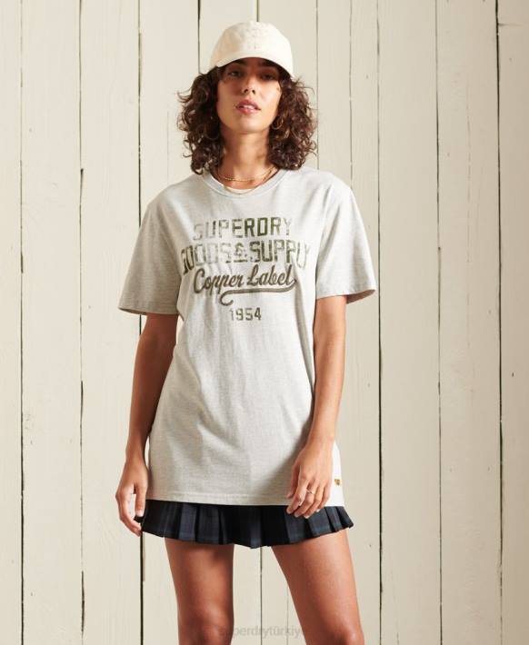kadınlar Superdry açık gri bol kesim iş giysisi grafik tişört NNTB6710