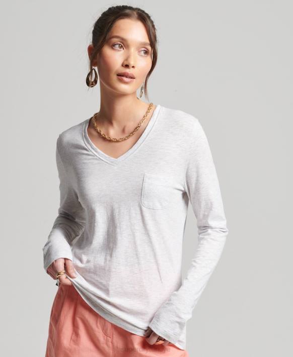 kadınlar Superdry açık gri organik pamuklu uzun kollu cepli v yaka top NNTB6510