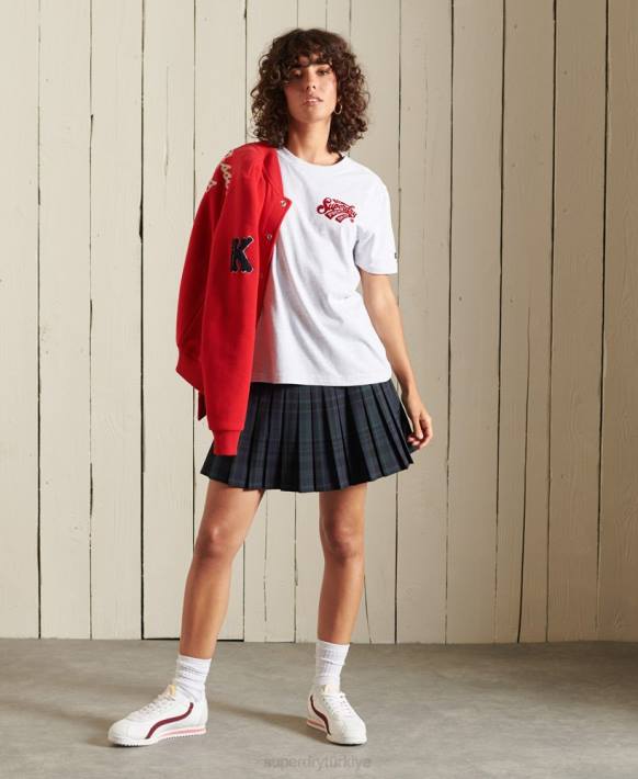 kadınlar Superdry açık gri script tarzı kolej floklu tişört NNTB2775