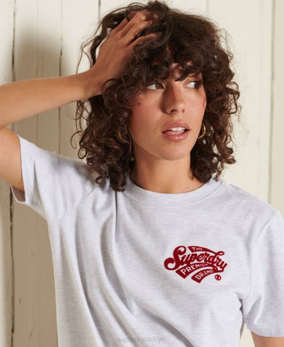 kadınlar Superdry açık gri script tarzı kolej floklu tişört NNTB2775