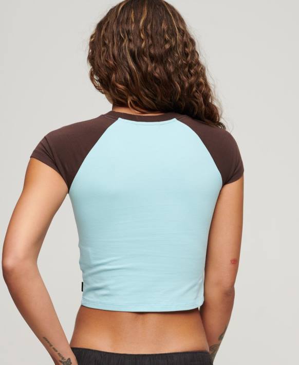 kadınlar Superdry açık mavi kırpılmış beyzbol bebek tişörtü NNTB2060