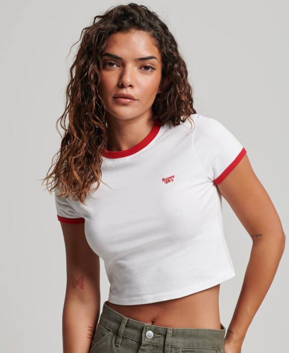 kadınlar Superdry beyaz organik pamuklu ringer crop t-shirt NNTB2691