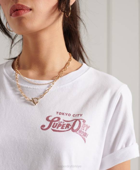kadınlar Superdry beyaz simli ışıltılı t-shirt NNTB2861