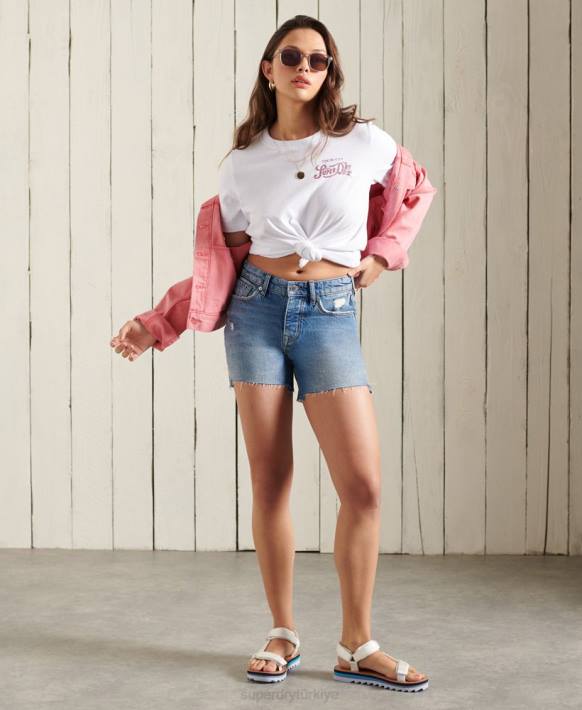 kadınlar Superdry beyaz simli standart ağırlıkta t-shirt NNTB2859