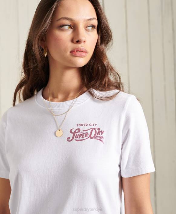 kadınlar Superdry beyaz simli standart ağırlıkta t-shirt NNTB2859