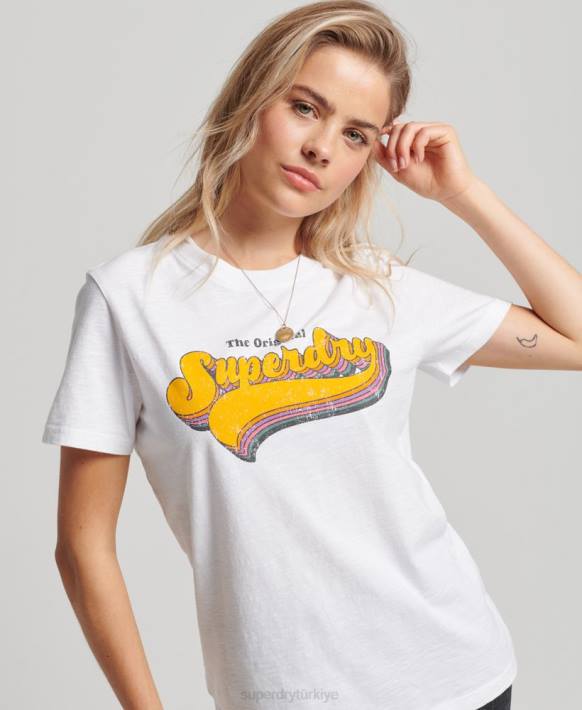 kadınlar Superdry beyaz vintage gökkuşağı t-shirt NNTB2226