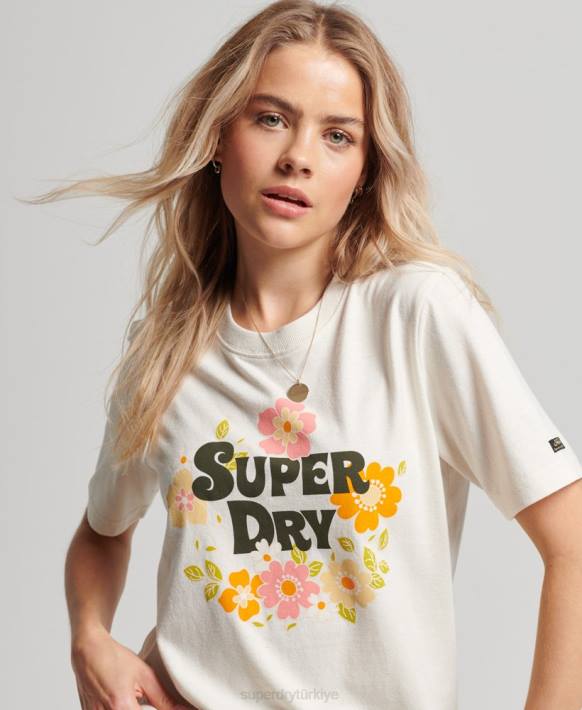 kadınlar Superdry beyaz vintage çiçekli betikli t-shirt NNTB2621