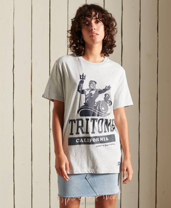 kadınlar Superdry gri bol kesim kolej devlet tişörtü NNTB6262