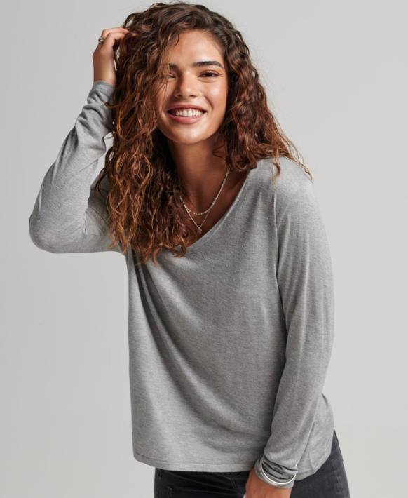 kadınlar Superdry gri uzun kollu v yaka üst NNTB6736