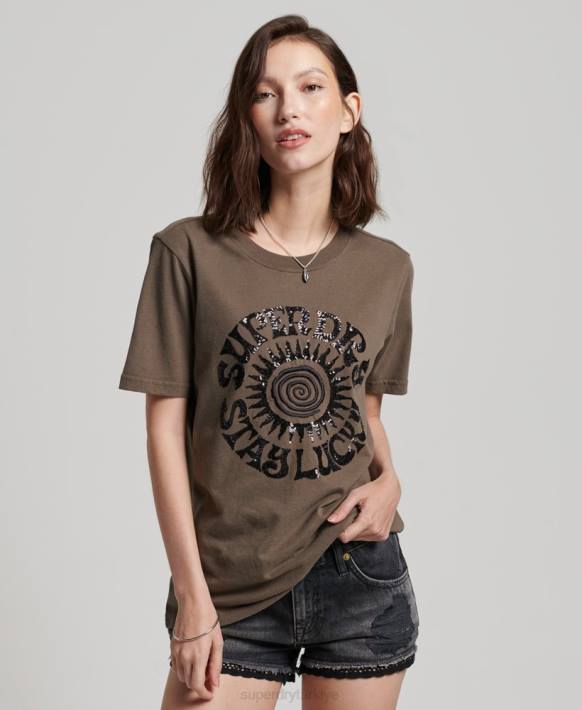 kadınlar Superdry haki eski işlemeli t-shirt NNTB2722