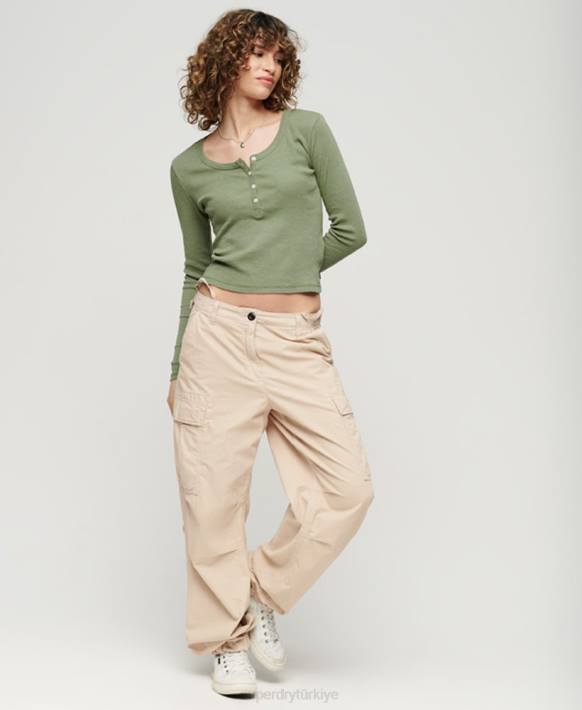 kadınlar Superdry haki vintage düğmeli uzun kollu üst NNTB2138