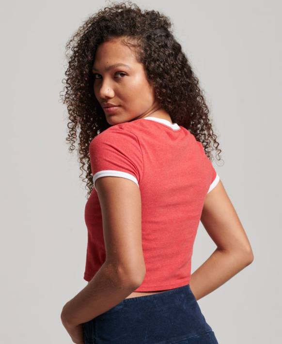 kadınlar Superdry kırmızı organik pamuklu ringer crop t-shirt NNTB2221