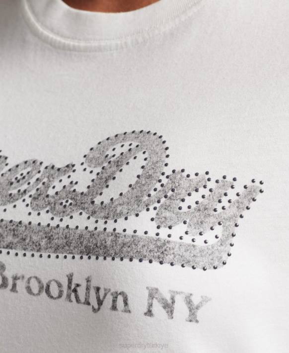 kadınlar Superdry krem işlemeli grafik logolu tişört NNTB6188