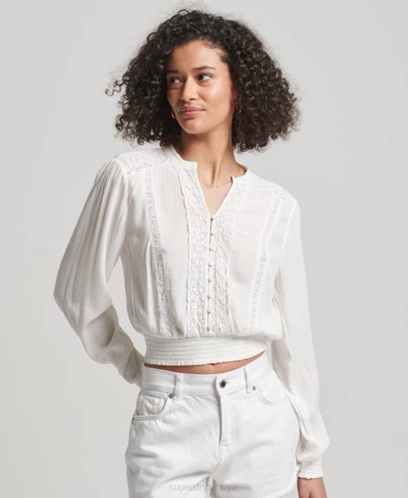 kadınlar Superdry krem uzun kollu dantelli büzgülü bluz NNTB2270