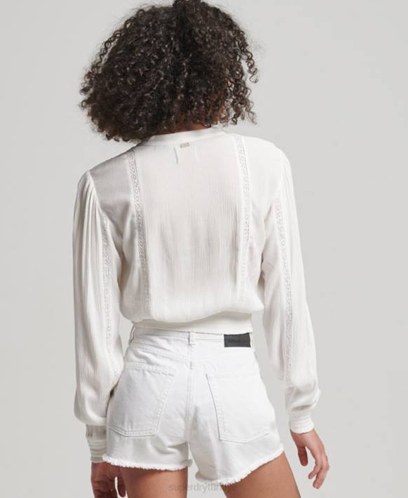 kadınlar Superdry krem uzun kollu dantelli büzgülü bluz NNTB2270