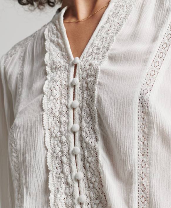 kadınlar Superdry krem uzun kollu dantelli büzgülü bluz NNTB2270