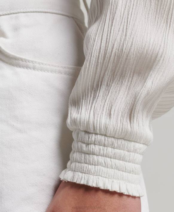 kadınlar Superdry krem uzun kollu dantelli büzgülü bluz NNTB2270