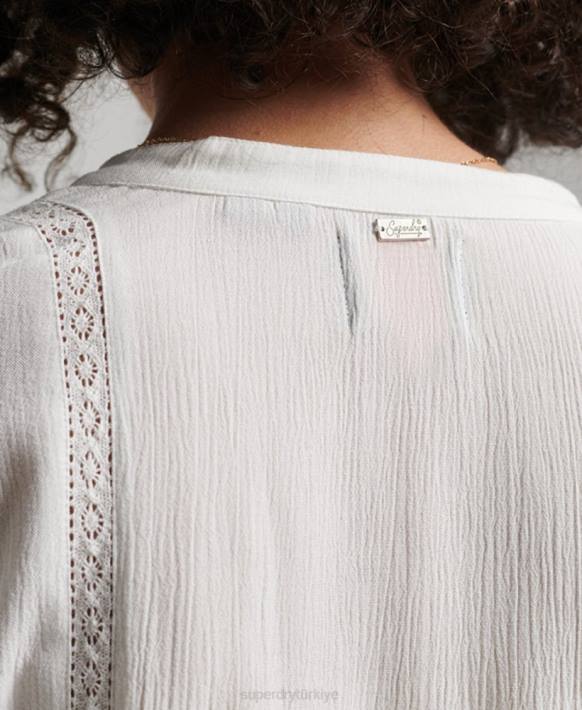 kadınlar Superdry krem uzun kollu dantelli büzgülü bluz NNTB2270