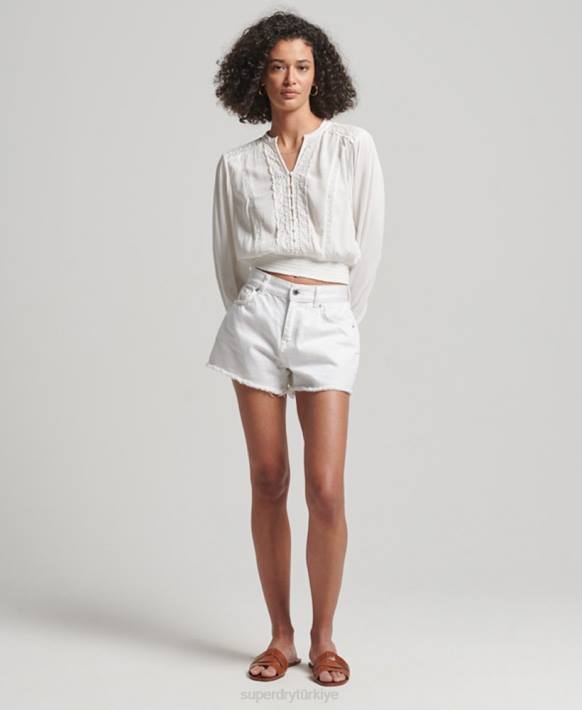 kadınlar Superdry krem uzun kollu dantelli büzgülü bluz NNTB2270