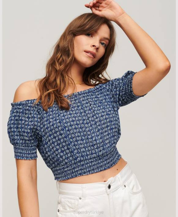 kadınlar Superdry mavi büzgülü kısa kollu crop top NNTB2023