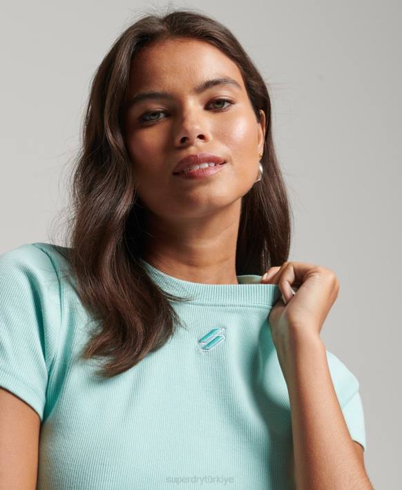 kadınlar Superdry mavi essential nervürlü crop t-shirt NNTB6236