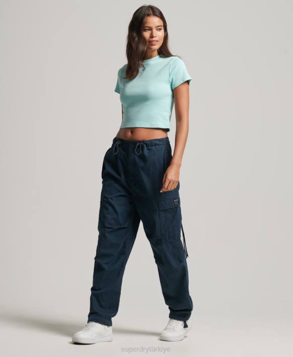 kadınlar Superdry mavi essential nervürlü crop t-shirt NNTB6236