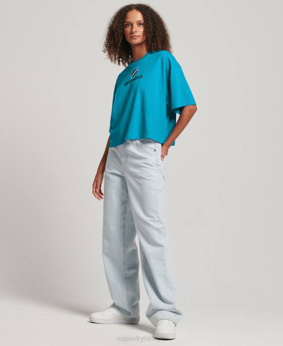 kadınlar Superdry mavi kod yığılmış kutulu tişört NNTB2702
