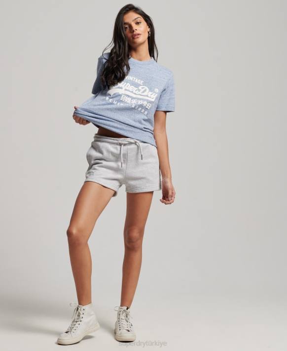 kadınlar Superdry mavi organik pamuklu vintage logolu yazılı yaka t-shirt NNTB2619