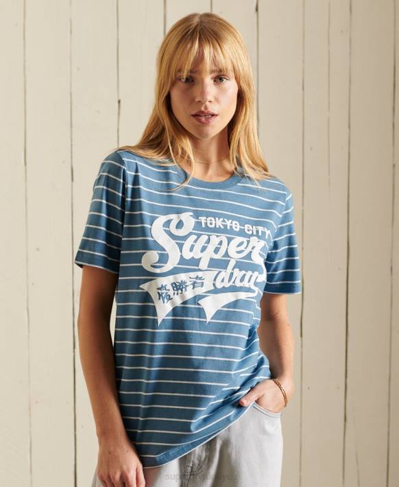 kadınlar Superdry mavi script tarzı kolej çizgili tişört NNTB2794