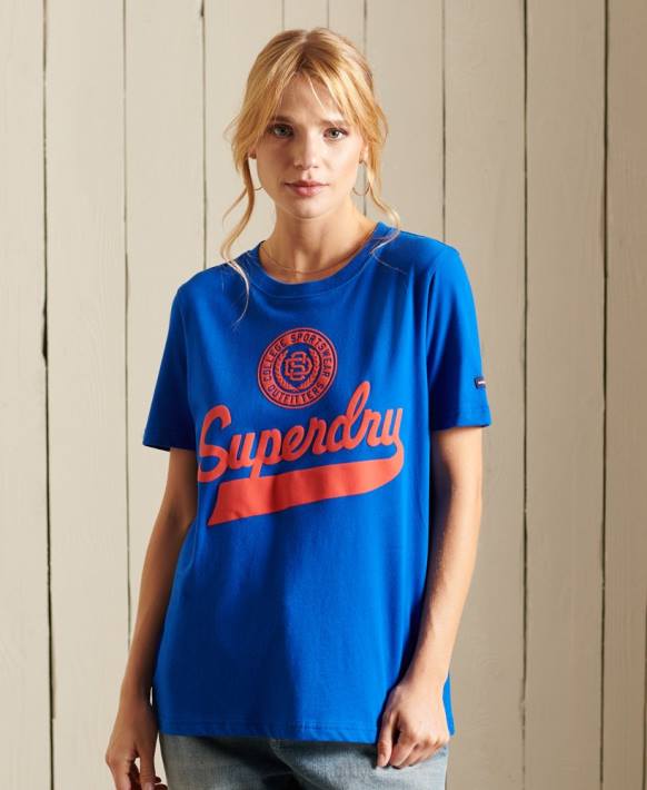 kadınlar Superdry mavi script tarzı kolej tişörtü NNTB2779