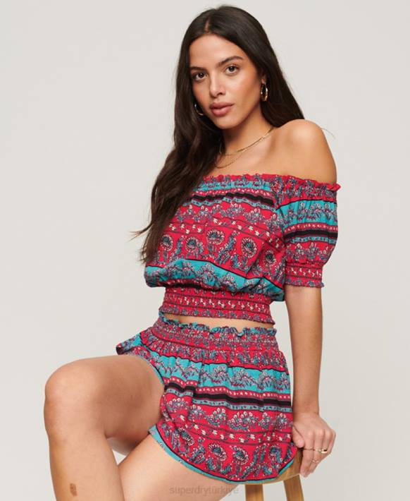 kadınlar Superdry pembe büzgülü kısa kollu crop top NNTB2109