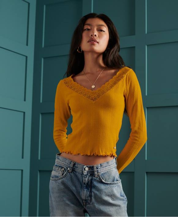 kadınlar Superdry sarı dantelli puantiyeli uzun kollu üst NNTB3034