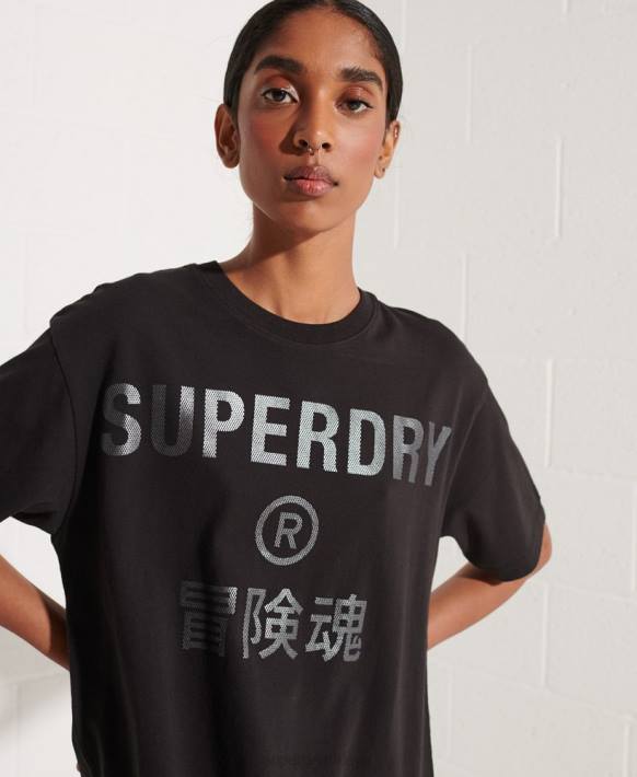 kadınlar Superdry siyah işbirliği logosu folyo tişört NNTB6273