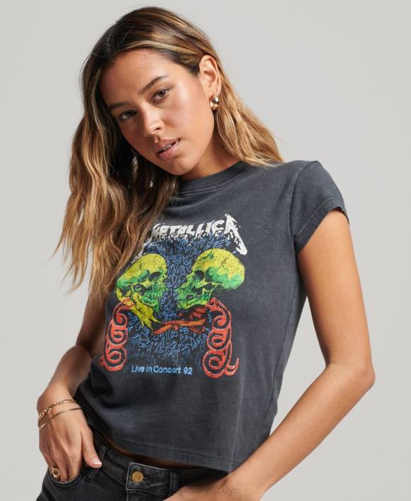 kadınlar Superdry siyah metallica kap kollu bant t-shirt NNTB2611