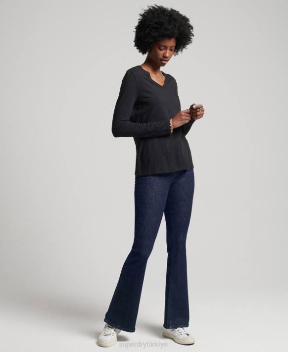 kadınlar Superdry siyah organik pamuklu uzun kollu cepli v yaka top NNTB6562