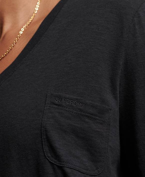 kadınlar Superdry siyah organik pamuklu uzun kollu cepli v yaka top NNTB6562