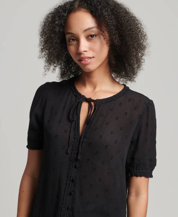 kadınlar Superdry siyah vintage kısa kollu brode top NNTB6696