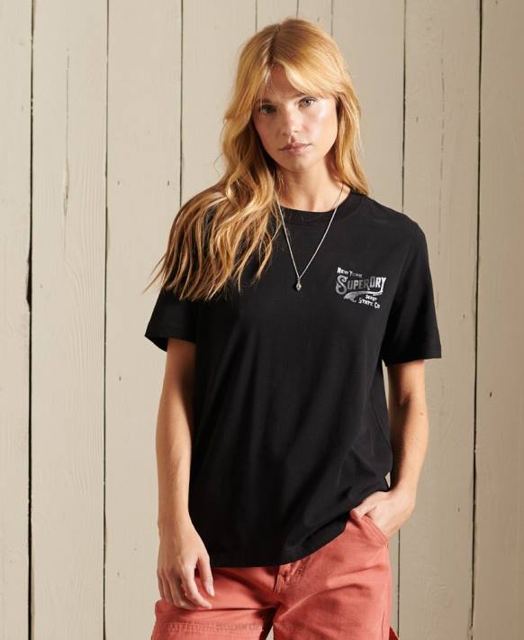 kadınlar Superdry siyah yazı tipi iş giysisi folyo tişört NNTB6275