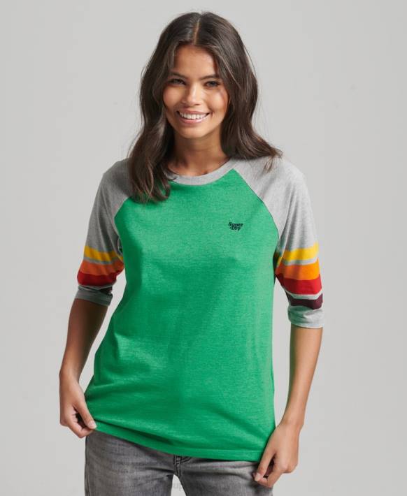 kadınlar Superdry yeşil organik pamuklu cali çizgili 2.0 reglan tişört NNTB2829