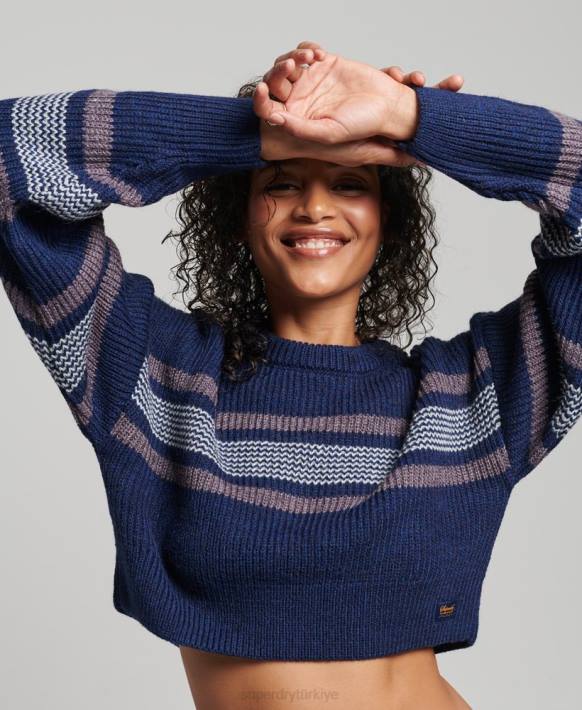 kadınlar Superdry Donanma kırpılmış klasik mürettebat süveter NNTB3957